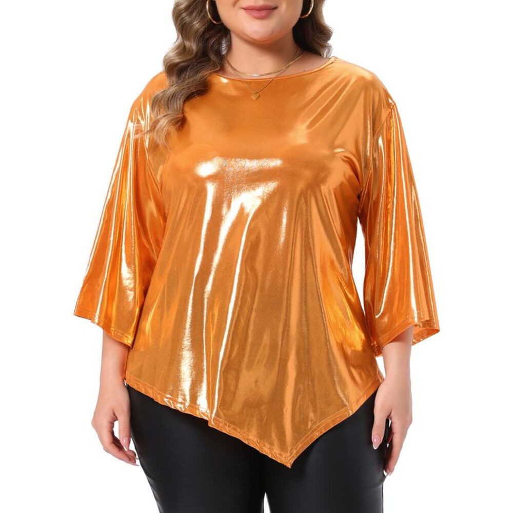Women Plus Size Metallic Crew Neck 3/4 Bell Sleeve Tops Orange